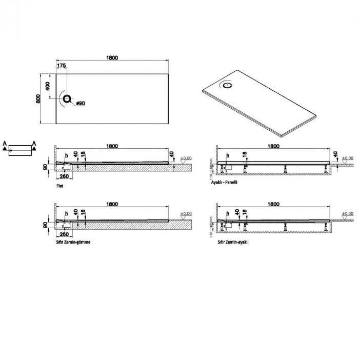 Cadita de dus slim 180x80 rectangulara texturata gri | 65260001867 [2]
