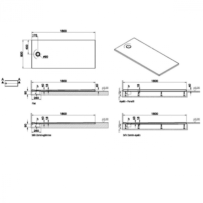 Cadita de dus slim 180x80 rectangulara texturata alb | 65260001800 [2]