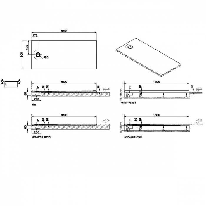 Cadita de dus slim 180x80 rectangulara st alb | 65260001000 [2]