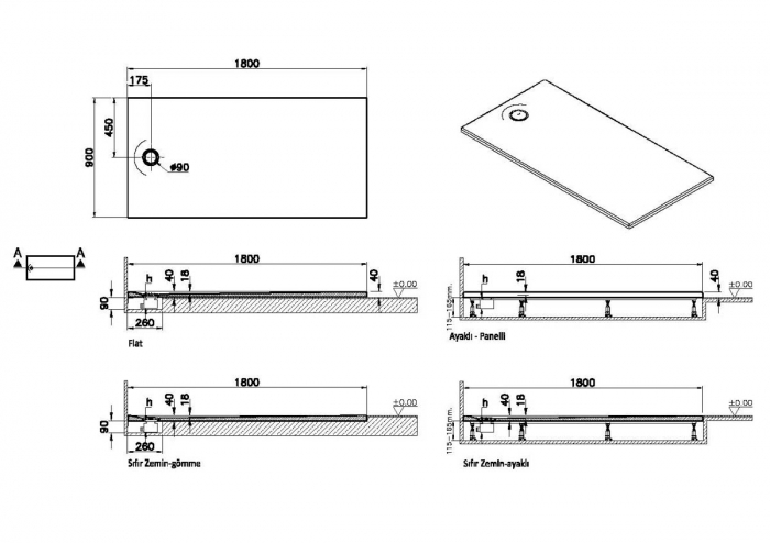 Cadita de dus slim 180x90 rectangulara texturata alb | 65330001800 [2]