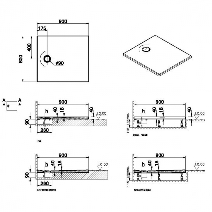 Cadita de dus slim 90x80 rectangulara texturata gri | 65190001867 [2]