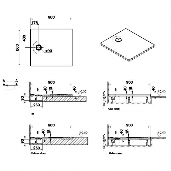 Cadita de dus slim 90x80 rectangulara st alb | 65190001000 [2]