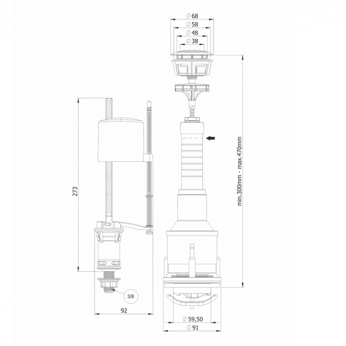 Mecanism / valva golire rezervor WC, alimentare pe jos cu racord alama 3/8, cu buton, set complet | 3004-100 [2]