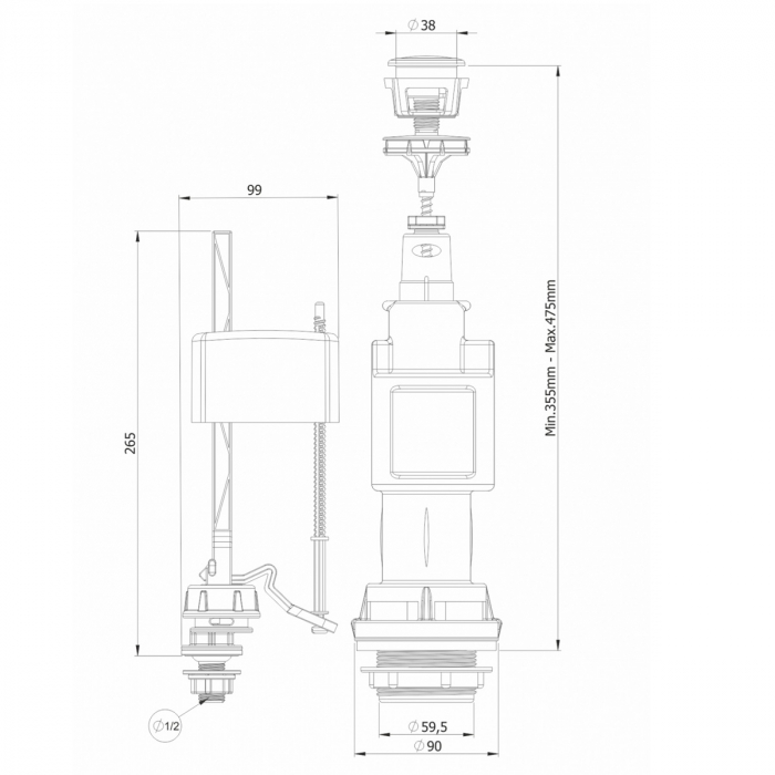 Mecanism / valva golire rezervor WC, alimentare pe jos cu racord plastic 1/2, cu buton, set complet | 3008-1/2 [2]