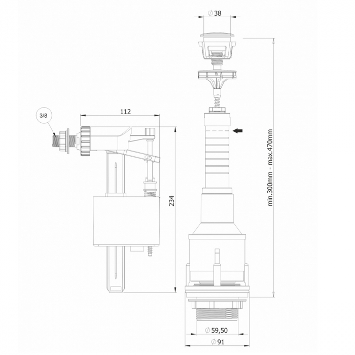 Mecanism / valva golire rezervor WC, alimentare pe lateral cu racord alama 3/8, cu buton, set complet | 3025-100 [2]