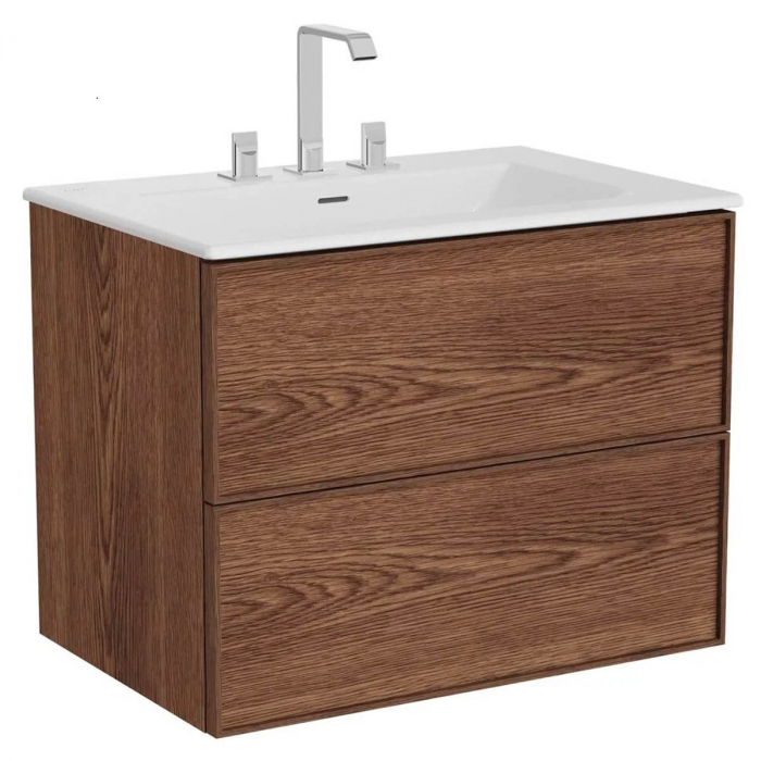 Edge Unitate de baza lavoar baie 80cm, cu 2 drawers, cu Lavoar chiuveta baie tip vanity cu 3 orificii pentru baterie, walnut 67454