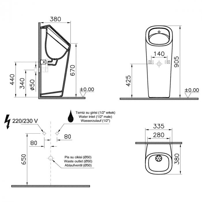 Monobloc pisoar cu mecanism de spalare integrat, alimentare spate, alimentare curent de la retea, alb | 7809B003-5331 [2]