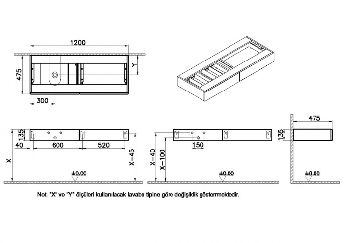 counter cu drawer 120 cm, elm, cu stanga syphon hole | 65680 [2]