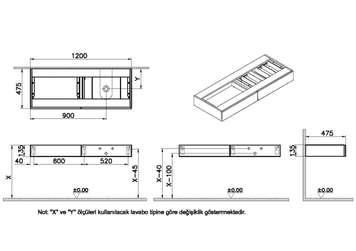 counter cu drawer 120 cm, flat oak, cu dreapta syphon hole | 65684 [2]