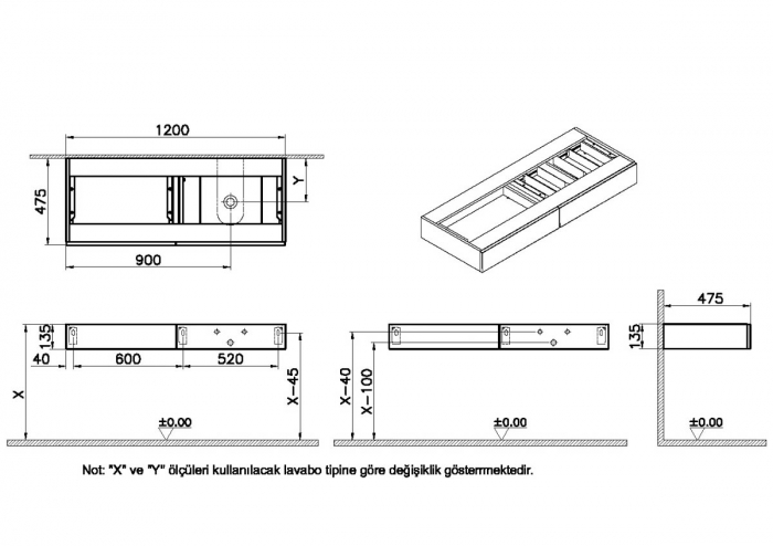counter cu drawer 120 cm, patterned negru oak, cu dreapta syphon hole | 65682 [2]