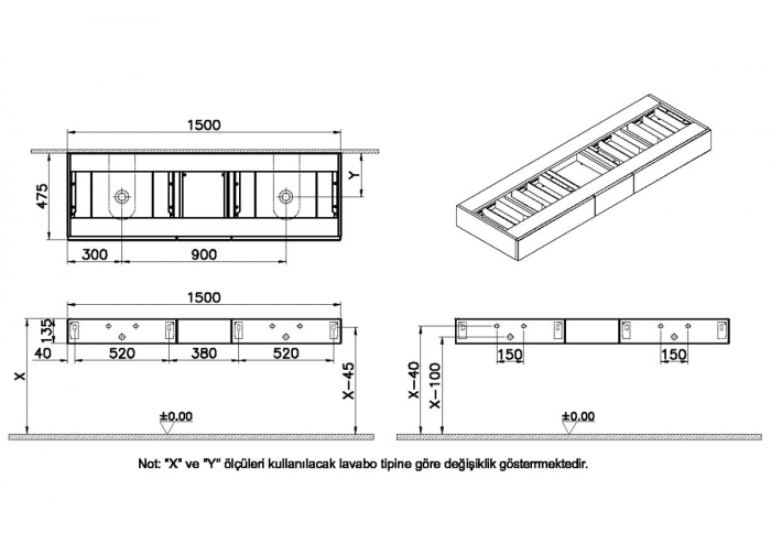 counter cu drawer, 150cm, elm, double hole, cu double syphon hole | 65696 [2]