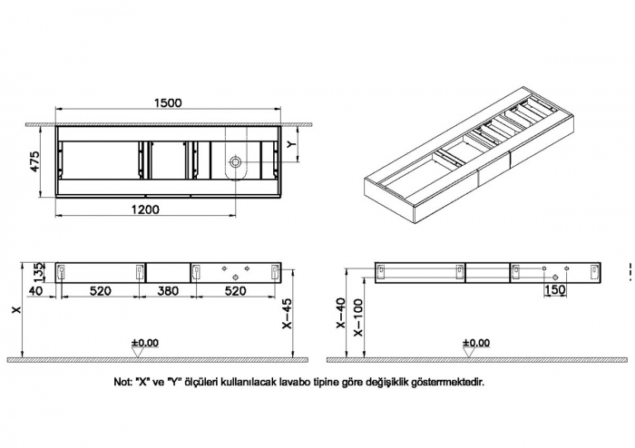 counter cu drawer, 150cm, elm, cu dreapta syphon hole | 65693 [2]