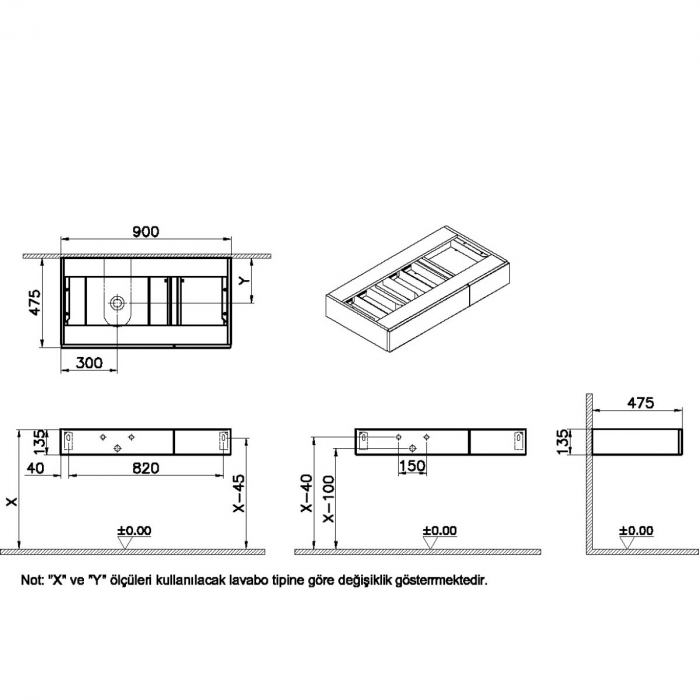 counter cu drawer, 90cm, elm, cu stanga syphon hole | 65674 [2]