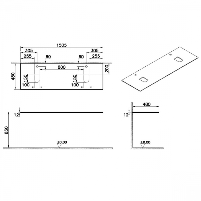 counter, cu orificiu robinet, cu double syphon hole, 150cm, neolith | 65756 [2]