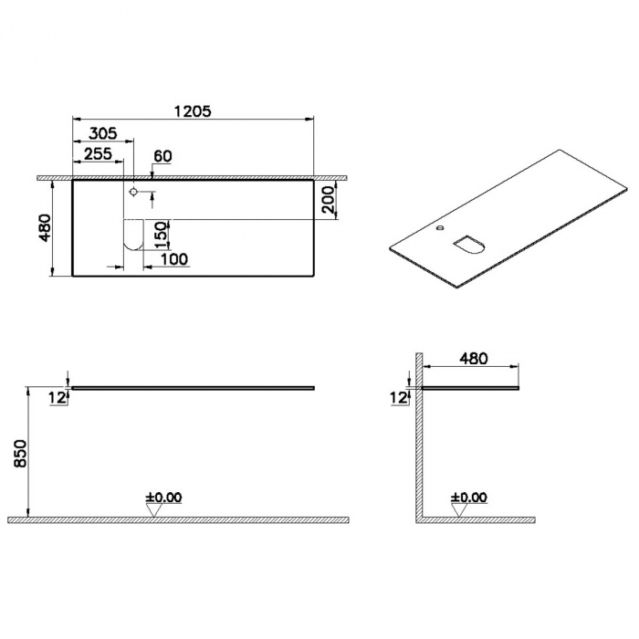 counter, cu orificiu robinet, cu stanga syphon hole 120 cm, neolith | 65727 [2]