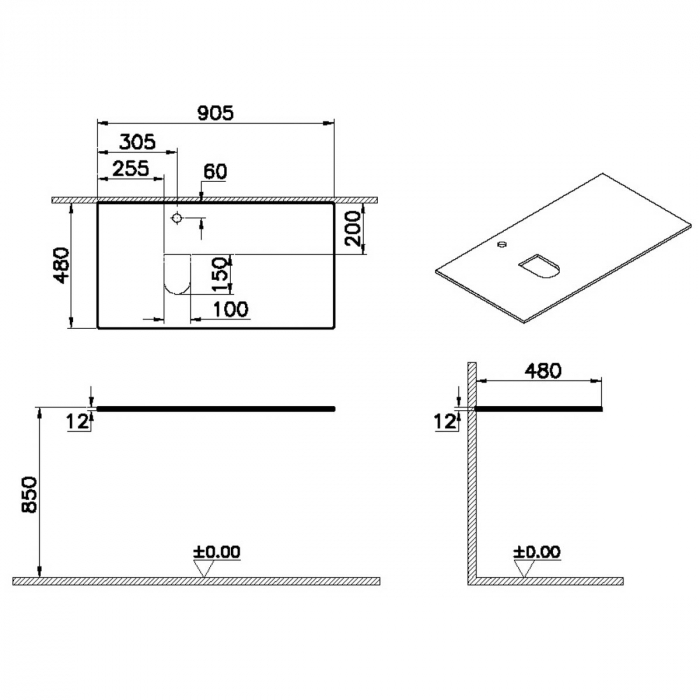 counter, cu orificiu robinet, cu stanga syphon hole, 90cm, neolith | 65715 [2]