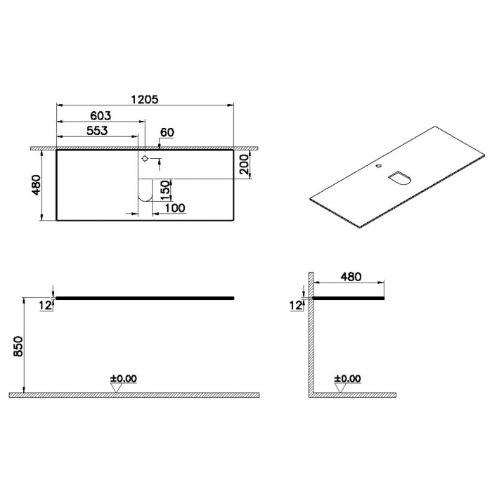 counter, cu orificiu robinet, cu middle syphon hole 120 cm, neolith | 65739 [2]