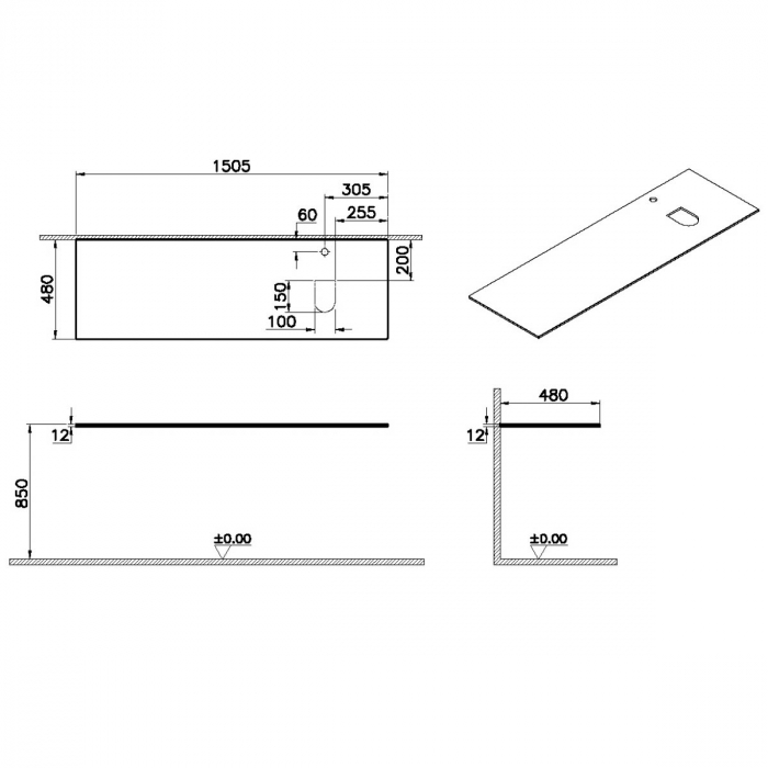counter, cu orificiu robinet, cu dreapta syphon hole, 150cm, neolith | 65750 [2]