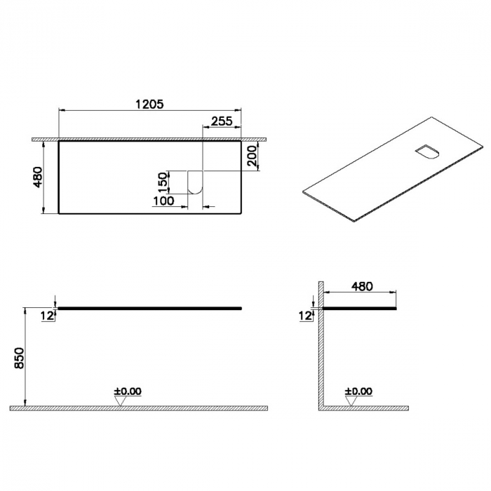 counter, fara orificiu robinet, cu dreapta syphon hole 120 cm, neolith | 65730 [2]