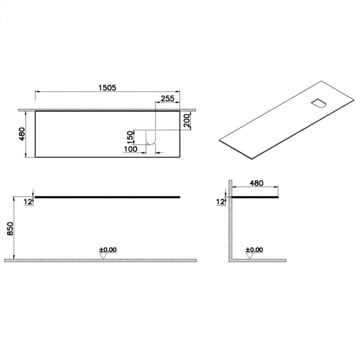 counter, fara orificiu robinet, cu dreapta syphon hole, 150cm, neolith | 65747 [2]