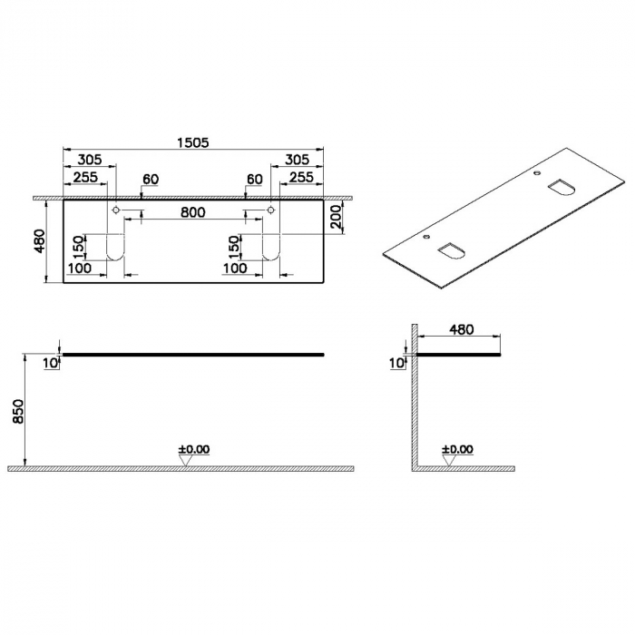 glass counter, cu orificiu robinet, cu double syphon hole, 150cm, alb | 65754 [2]