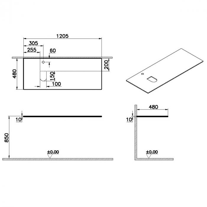 glass counter, cu orificiu robinet, cu stanga syphon hole 120 cm, alb | 65725 [2]