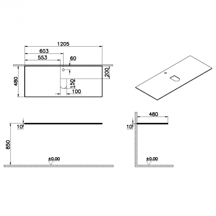 glass counter, cu orificiu robinet, cu middle syphon hole 120 cm, alb | 65737 [2]