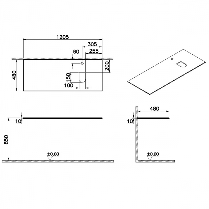 glass counter, cu orificiu robinet, cu dreapta syphon hole 120 cm, negru | 65732 [2]