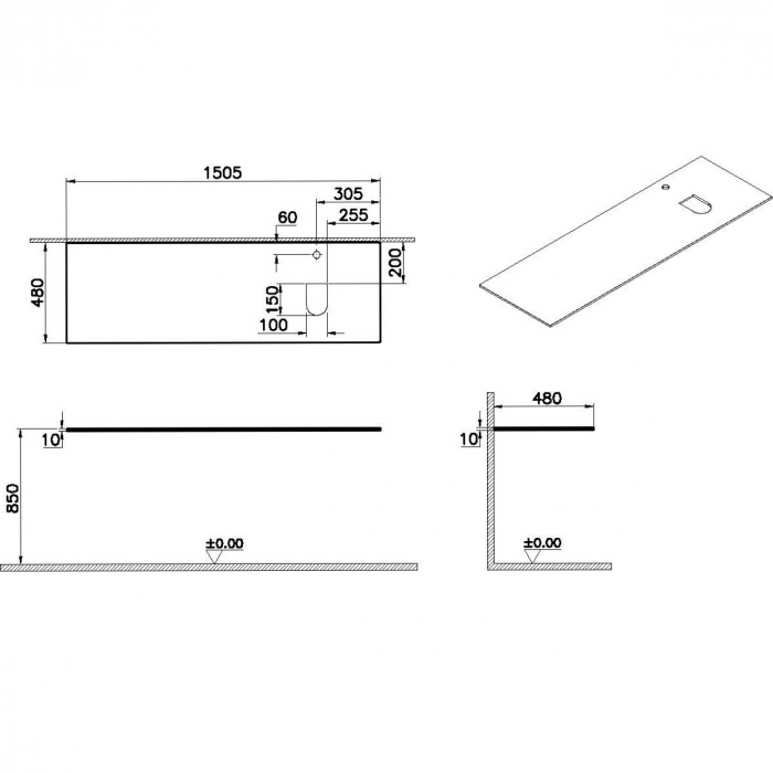 glass counter, cu orificiu robinet, cu dreapta syphon hole, 150cm, negru | 65749 [2]