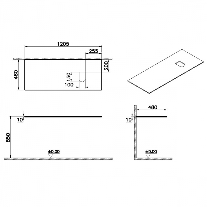 glass counter, fara orificiu robinet, cu dreapta syphon hole 120 cm, negru | 65729 [2]