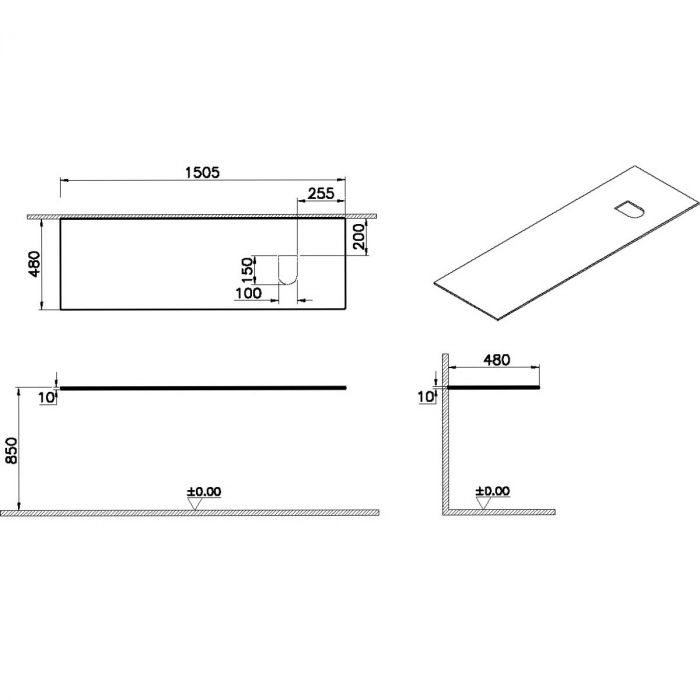 glass counter, fara orificiu robinet, cu dreapta syphon hole, 150cm, negru | 65746 [2]