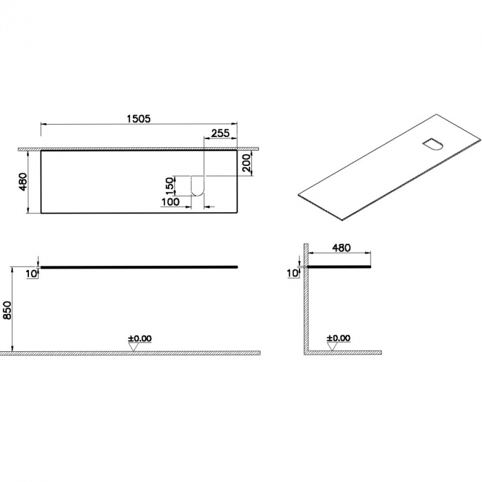 glass counter, fara orificiu robinet, cu dreapta syphon hole, 150cm, alb | 65763 [2]