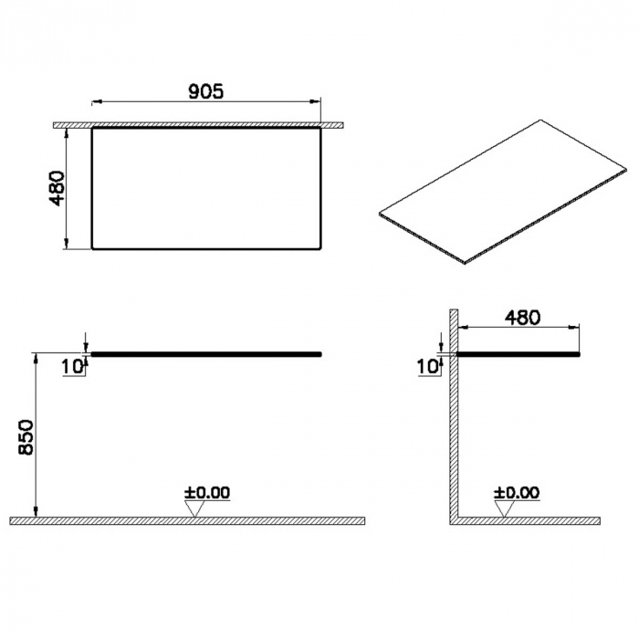glass counter, fara hole, 90cm, alb | 65760 [2]