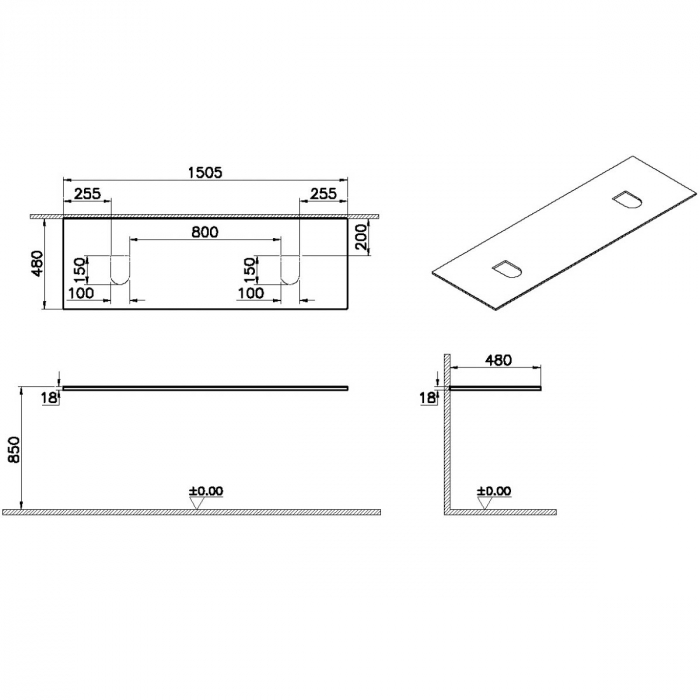 wood counter, cu double syphon hole, 150cm, patterned negru oak | 65939 [2]