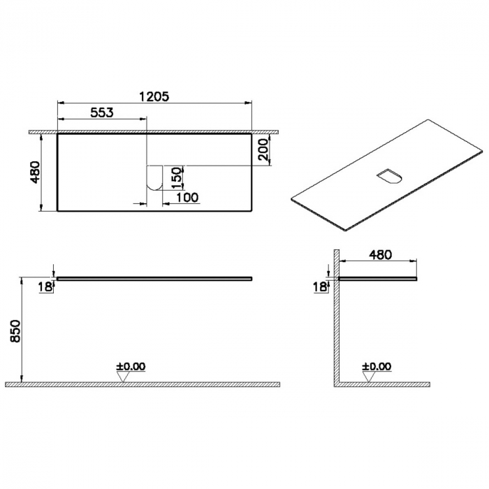 wood counter, cu middle syphon hole 120 cm, patterned negru oak | 65930 [2]