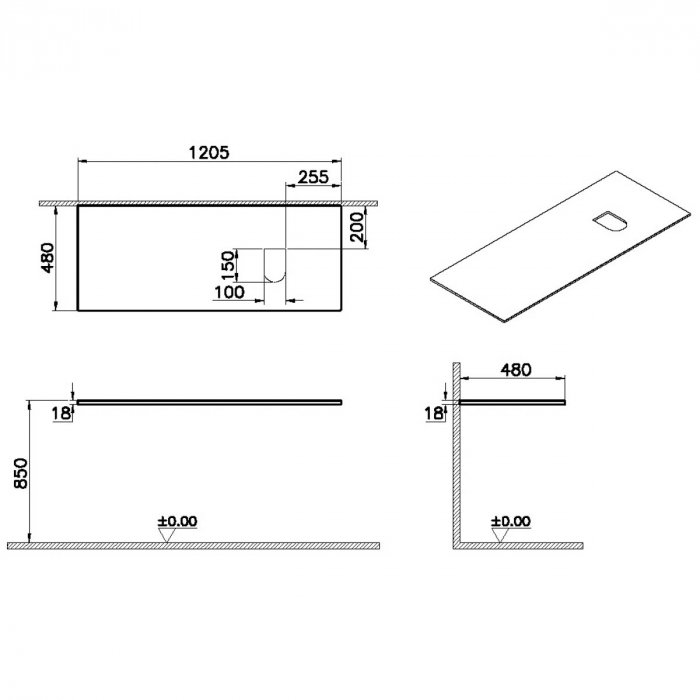 wood counter, cu dreapta syphon hole 120 cm, elm | 65928 [2]