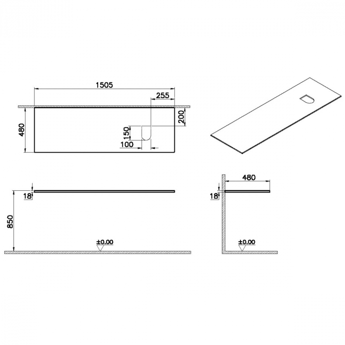 wood counter, cu dreapta syphon hole, 150cm, flat oak | 65938 [2]