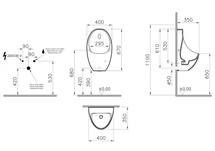 Pisoar touchfree cu sistem de spalare electronic cu senzor infrarosu, alimentare curent de la retea | 5999B003-5556 [2]