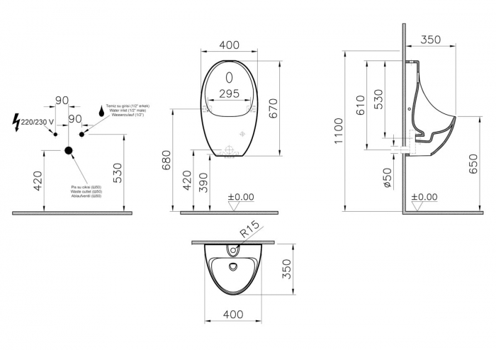 Pisoar touchfree cu sistem de spalare electronic cu senzor infrarosu, alimentare curent de la retea, cu VitrA fresh | 5999B003-5558 [2]