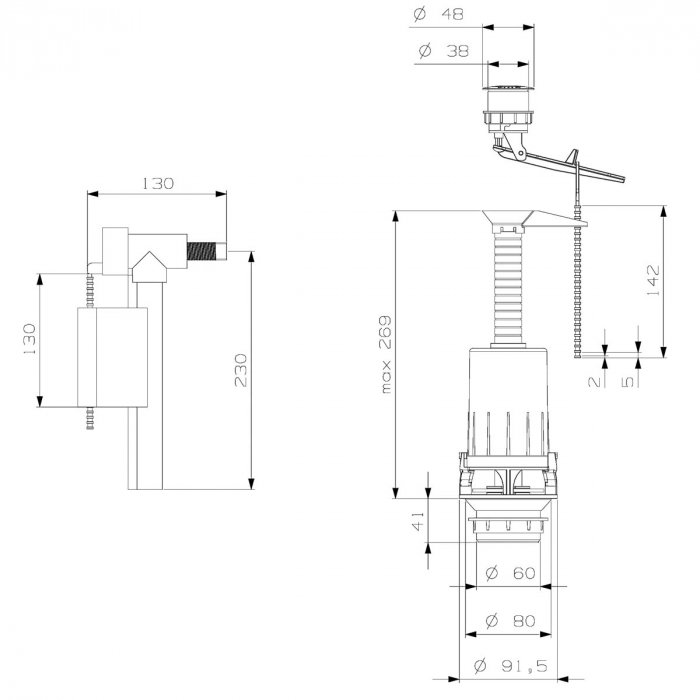 Mecanism Rezervor Apa WC cu actionare simpla cu alimentare pe lateral | 330-1220 [2]