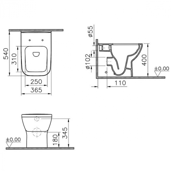 Vas WC rimless pe pardoseala lipit de perete 54cm, alb mat | 7085B001-0075 [2]