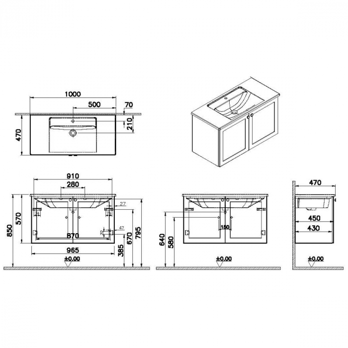 Unitate de baza lavoar baie, cu usi 100cm, alb mat, cu angular lavoar / chiuveta baie | 68729 [2]