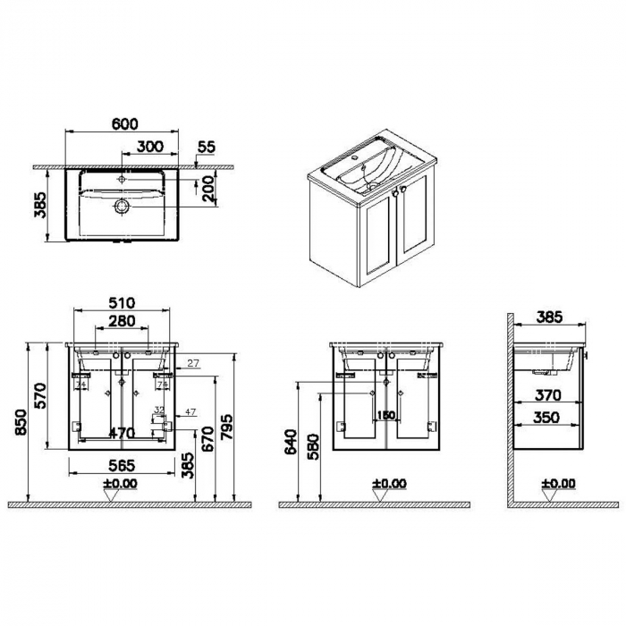 Unitate de baza lavoar baie, cu usi 60cm compact, mat graphite, cu angular lavoar / chiuveta baie | 68635 [2]