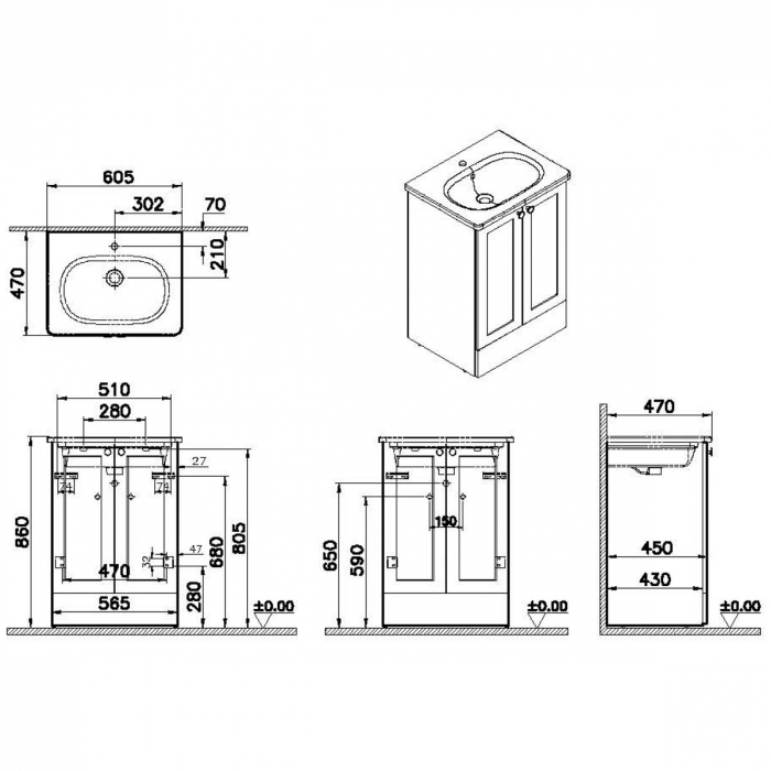 Unitate de baza lavoar baie, cu usi 60cm pe pardoseala, mat gri deschis, cu rounded lavoar / chiuveta baie | 68758 [2]