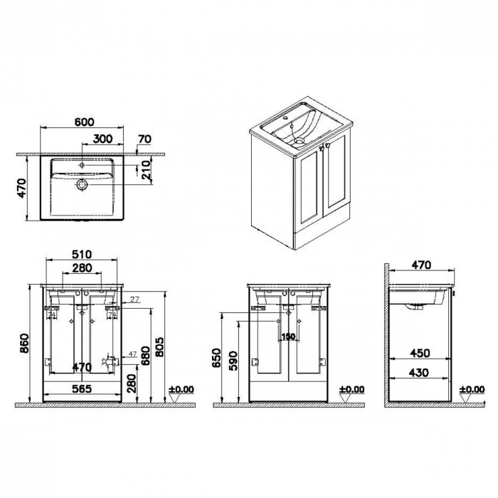 Unitate de baza lavoar baie, cu usi 60cm pe pardoseala, alb mat, cu angular lavoar / chiuveta baie | 68750 [2]