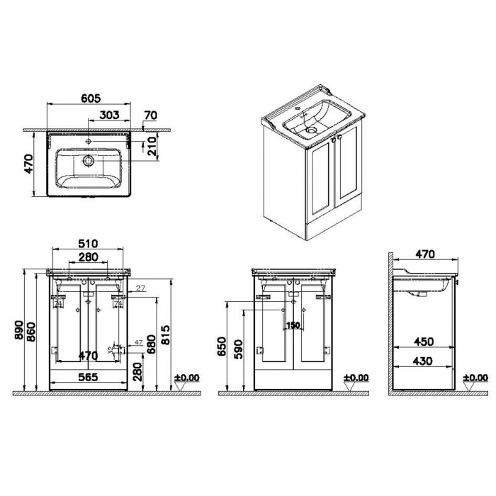 Unitate de baza lavoar baie, cu usi 60cm pe pardoseala, alb mat, cu classical lavoar / chiuveta baie | 68764 [2]