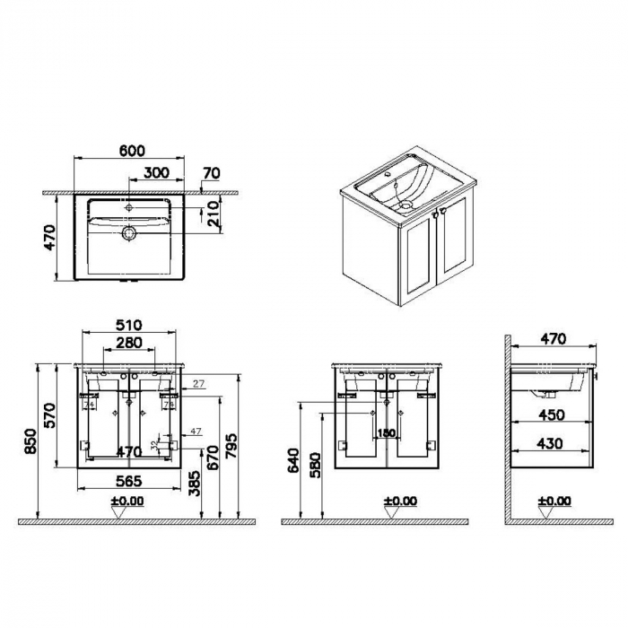 Unitate de baza lavoar baie, cu usi 60cm mat graphite, cu angular lavoar / chiuveta baie | 68691 [2]