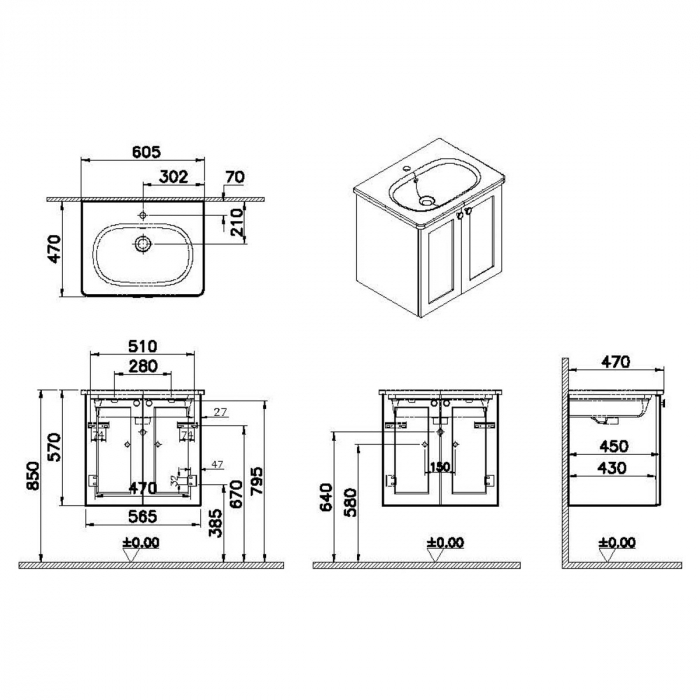 Unitate de baza lavoar baie, cu usi 60cm mat graphite, cu rounded lavoar / chiuveta baie | 68698 [2]