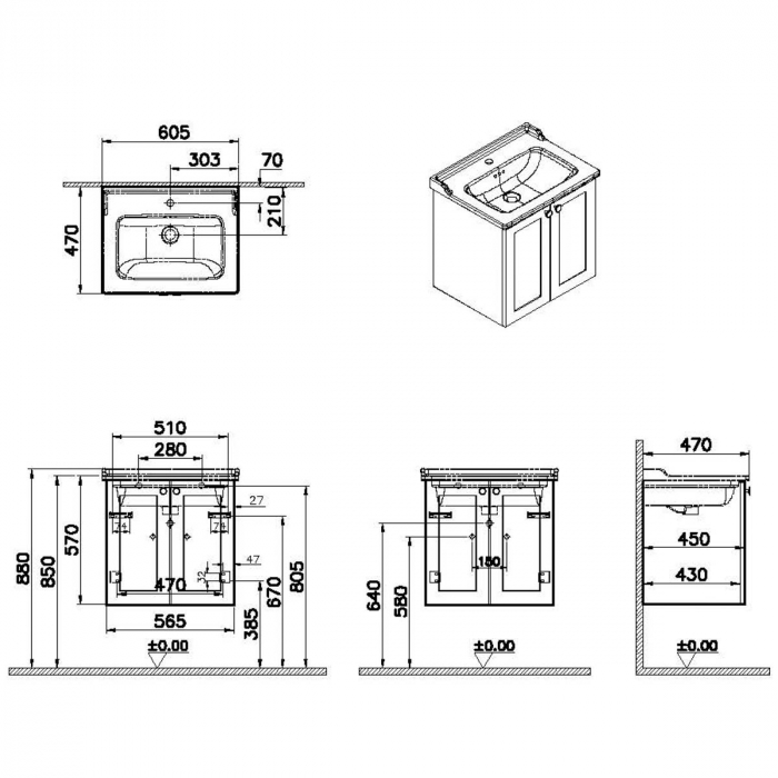 Unitate de baza lavoar baie, cu usi 60cm mat grey, cu classical lavoar / chiuveta baie | 68703 [2]