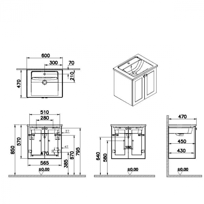 Unitate de baza lavoar baie, cu usi 60cm alb mat, cu angular lavoar / chiuveta baie | 68687 [2]